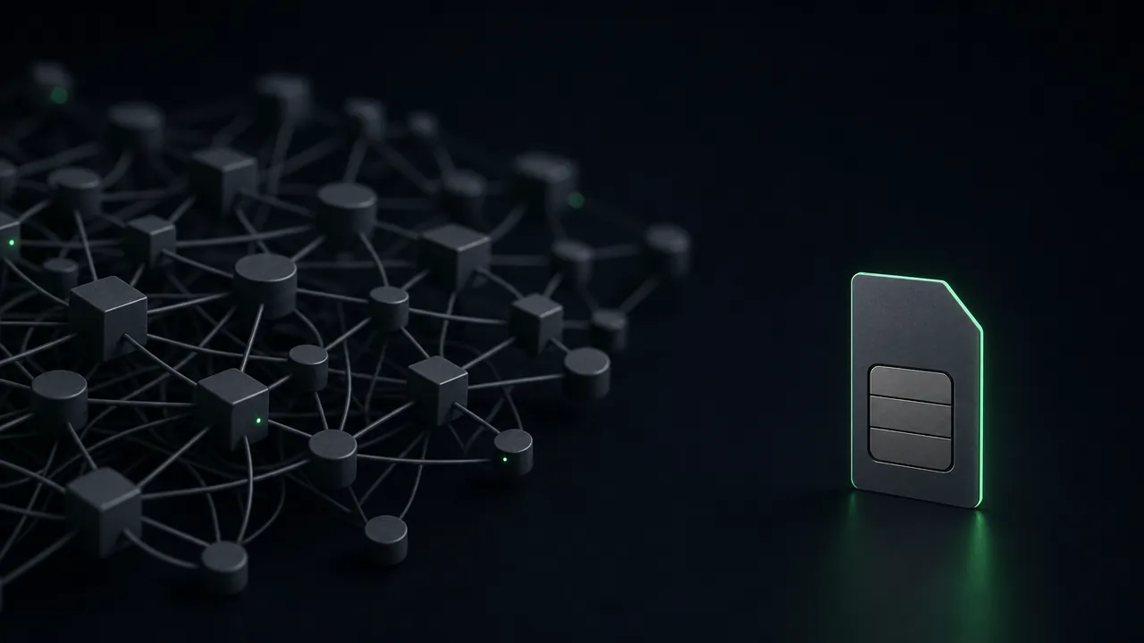 A dense tangle of grey nodes wired together, and a single SIM card standing apart, lit green, connected to nothing