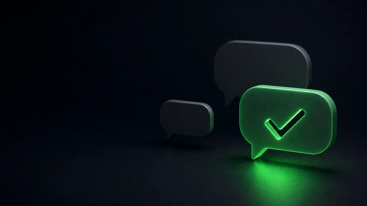 Three message bubbles, the nearest one green with a check mark cut through it