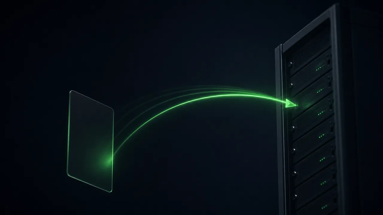 A green packet arcing between a pane of glass and a server rack, with fainter repeat arcs