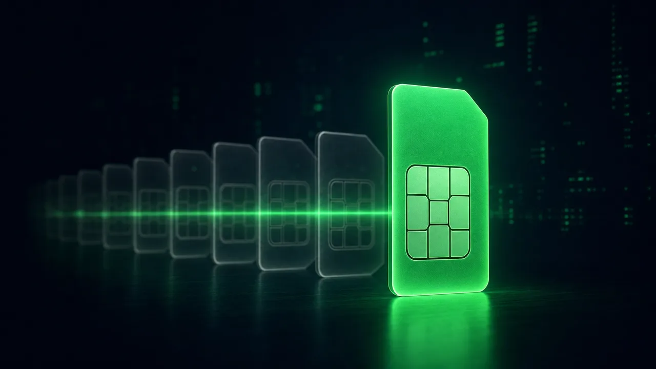 A single glowing green SIM card standing sharp in front of a row of translucent grey ghost SIM cards, a thin scanning beam sweeping across them