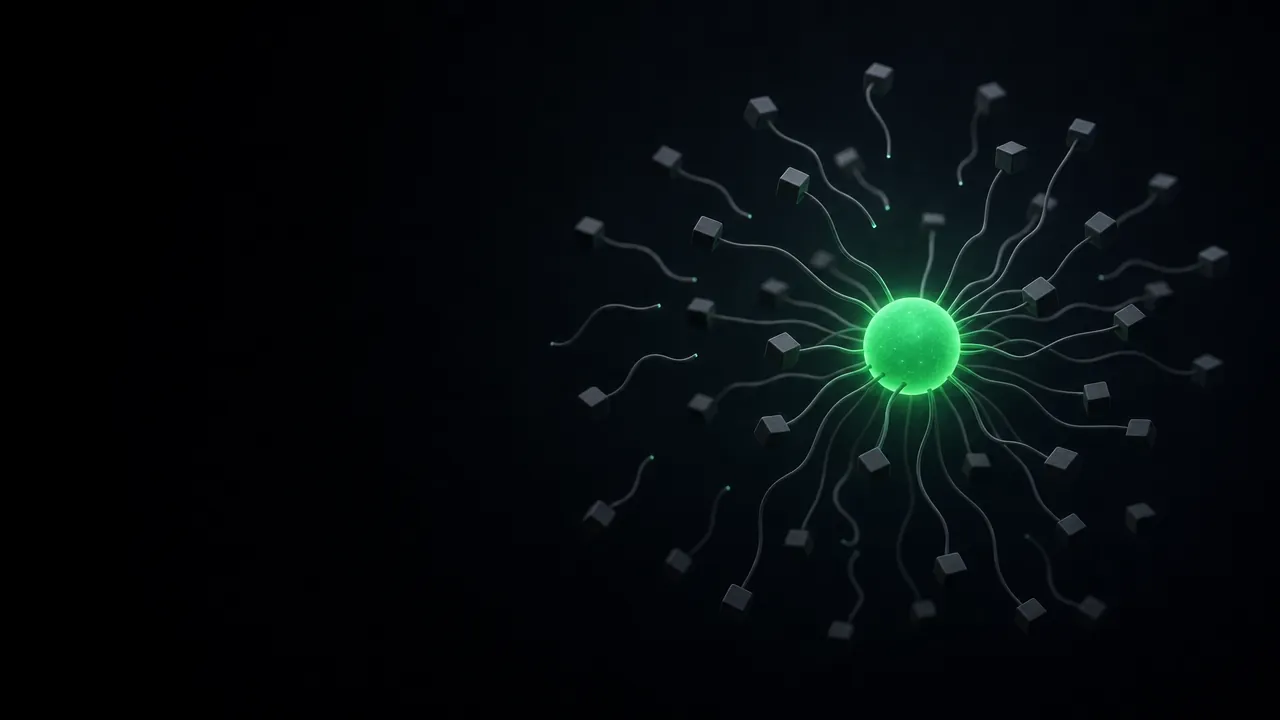 A glowing node with dozens of filaments, half of them cut and drifting away
