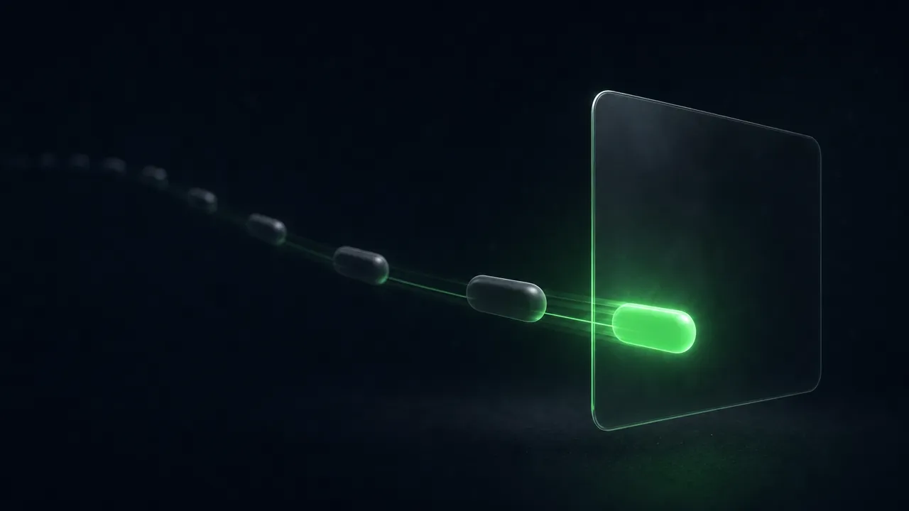 A queue of message capsules travelling along a green path into a pane of dark glass