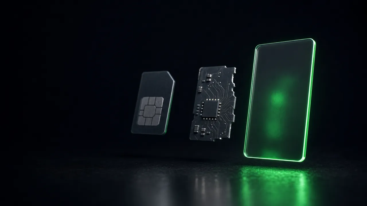 A plastic SIM card, an embedded chip and a glowing glass pane floating side by side